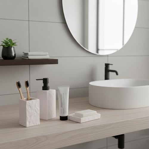 Collection Stone Effect Bath Accessory Set-4 Pieces, Resin, White | Soap Dispenser, Tumbler, and Toilet Brush Holder, Contemporary, Durable Construction, Bathroom Accessories Set, Easy to Clean - size: White
