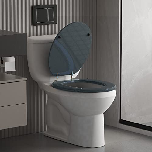 Round Toilet Seat Wood Toilet Seat Prevent Shifting with Zinc Alloy Hinges American Standard Size Toilet Seat Easy to Install also Easy to Clean(Round,Sparkling Black) - color: Navy Blue, size: Round