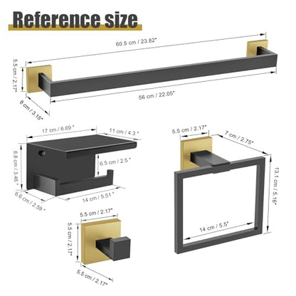 TURS Bathroom Hardware Set Black and Gold 4-Piece Towel Bar Set Include 24 Inch Towel Bar Towel Ring Towel Hook Toilet Paper Holder with Shelf Wall Mounted. - color: Black&gold, size: Set C