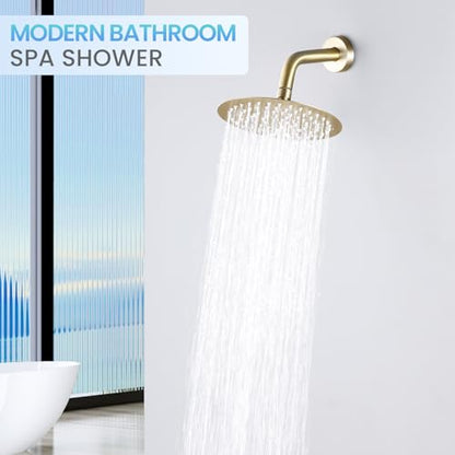 Brushed Gold Round Rainfall Shower Head, All Metal Stainless Steel Rain Shower Heads with 90 Anti-Clog Silicone Nozzles, Wall or Ceiling Mount, 8 inch - color: Brushed Gold, size: 8 Inch