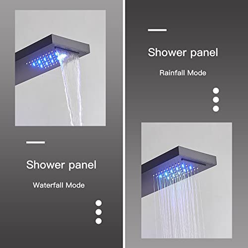 BWE Shower Panel Tower System Matte Black | LED Rainfall Waterfall Shower 6-Function Faucet 4 Mist Jets 2 Body Sprays with Handheld and Waterfall Tub Spout - color: Black