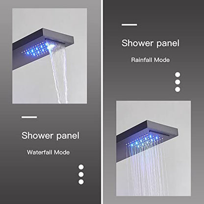 BWE Shower Panel Tower System Matte Black | LED Rainfall Waterfall Shower 6-Function Faucet 4 Mist Jets 2 Body Sprays with Handheld and Waterfall Tub Spout - color: Black