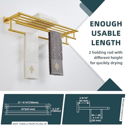 Angle Simple Towel Racks for Bathroom with 2 Bars, Brushed Dark Gold | SUS304 Stainless Steel Towel Shelf with Double Holders, Screw Wall Mount, 27.56 Inches - color: Brushed Dark Gold, size: 27.56-Inch