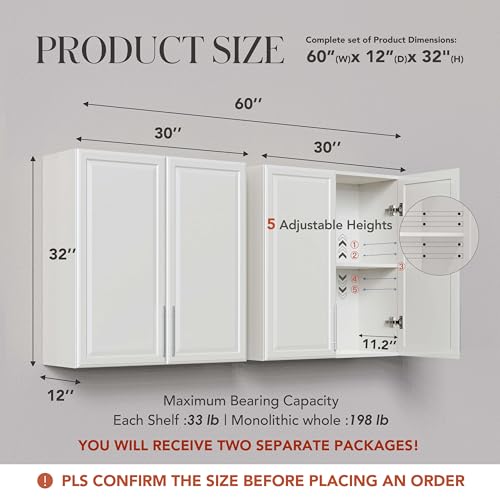 30’’W Kitchen Cabinets Wall Mounted, Wall Cabinet Storage with Adjustable Shelves, Laundry Room Cabinets, Bathroom Wall Cabinet, Floating Storage Cabinet for Laundry, Bathroom, Garage - size: 30'' W*2