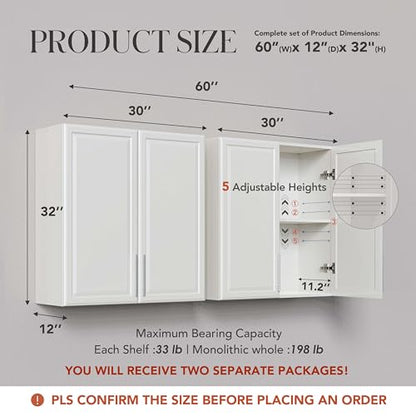 30’’W Kitchen Cabinets Wall Mounted, Wall Cabinet Storage with Adjustable Shelves, Laundry Room Cabinets, Bathroom Wall Cabinet, Floating Storage Cabinet for Laundry, Bathroom, Garage - size: 30'' W*2