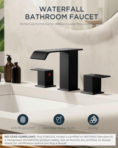FORIOUS Bathroom Faucet 3 Hole 8 Inch Widespread Sink 2 Pack Matte Black | 3-hole 4-12 Inch Widespread Sink, Square Waterfall Spout, with Drain and Hoses,for Vanity Rv Commercial Lavatory Restroom - color: Matte Black x2PCS
