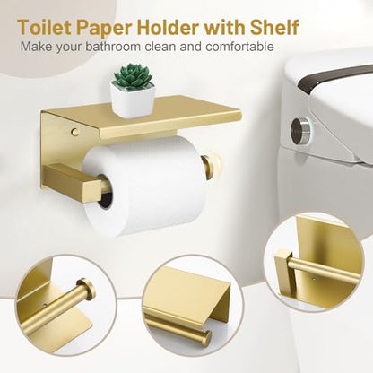 Lairuier Bathroom Hardware Set Brushed Gold, Towel Holder Set Wall Mounted | Bathroom Accessories Set, SUS304 Stainless Steel 23.6" Towel Bar, Toilet Paper Holder with Shelf, Towel Ring and Towel Hooks - color: Brushed Gold, size: 5 Pieces - With Shelf