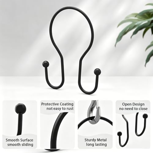 12Pcs Stainless Shower Curtain Hooks,Sturdy Metal Shower Curtain Rings,Glide Roller Double Shower Hooks,Rust Proof Anti-Drop Curtain Hooks,Smooth Sliding Rings for Bathroom Shower Rods Curtains,Black