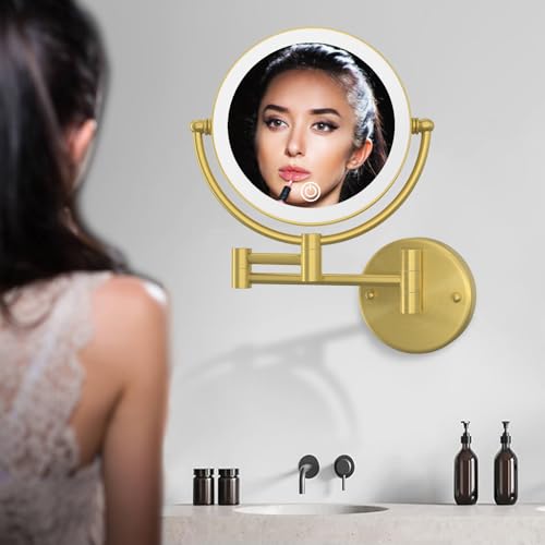 Wall Mounted Lighted Makeup Mirror with Magnification 10X, Rechargeable | 8 Inch 2 Sided, 3 Color LED, Touch Dimmable, 360 Rotatio Brass Swivel Extendable Arm, Bathroom Shaving Vanity, Brushed Gold - color: Brushed Gold