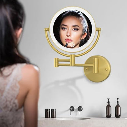 Wall Mounted Lighted Makeup Mirror with Magnification 10X, Rechargeable | 8 Inch 2 Sided, 3 Color LED, Touch Dimmable, 360 Rotatio Brass Swivel Extendable Arm, Bathroom Shaving Vanity, Brushed Gold - color: Brushed Gold