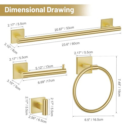 TURS 5-Pieces Brushed Gold Bathroom Hardware Set 23.6 Inch SUS304 Stainless Steel Towel Bar Set Wall Mounted Bathroom Accessories Set - color: Brushed Gold, size: 5-Pieces Set-B