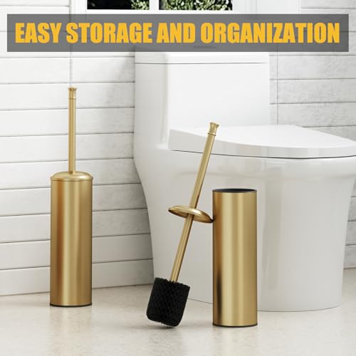 Toilet Brush and Holder, Toilet Cleaner Bowl Set with Two Brush with Extra Long Handle, Durable Bristles Toilet Scrubber and Covered Holder, Drip-Proof Stainless Steel Brushed Gold - color: Brushed Gold