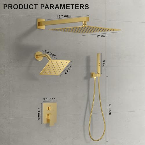 Rain Shower System 12" & 6" Dual Shower Heads, Wall Mount Shower Faucet Set | Ideal for bathroom remodels and upgrades with 12" rain shower, 6" angled shower, handheld spray and complete valve kit. - color: Brushed Gold, size: Wall Mounted - 12"+6" Shower