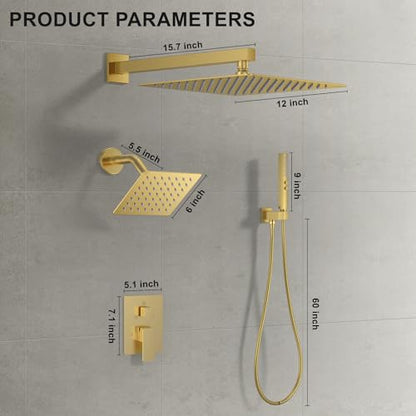 Rain Shower System 12" & 6" Dual Shower Heads, Wall Mount Shower Faucet Set | Ideal for bathroom remodels and upgrades with 12" rain shower, 6" angled shower, handheld spray and complete valve kit. - color: Brushed Gold, size: Wall Mounted - 12"+6" Shower