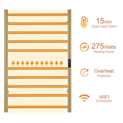 Electric Towel Rack with Voice Control for Alexa & Google Home,TUYA-Wall-Mounted Bathroom Heating Towel Warmer,Stainless Steel Material,31.5x20.08x4.41in,Plug-in,Gold，10 Bars - color: Gold With Wifi, size: 10 Bar