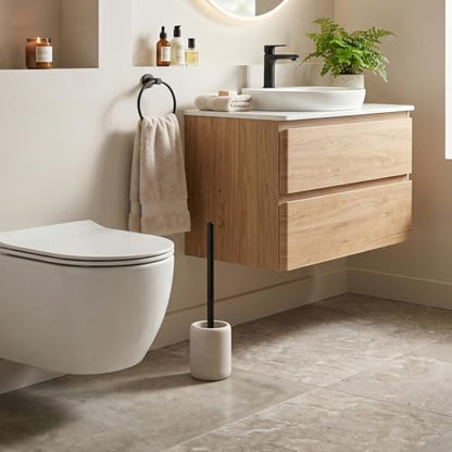 Toilet Brush and Holder Set, 2 PCS,Simple Sandstone Look,Beige | Decorative Toilet Bowl Brush and Holder Set,Heavy-Weight Resin Base with Long Handle Scrubber Brush,Bathroom Aceessories