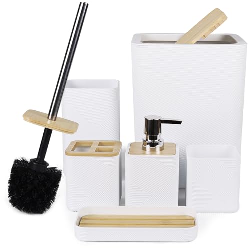 CERBIOR Bamboo Bathroom Accessories Set 6 Piece Bath Ensemble(White) | Includes Soap Dispenser, Toothbrush Holder, Toothbrush Cup, Soap Dish for Decorative Countertop and Housewarming Gift - size: Complete Set, style: White