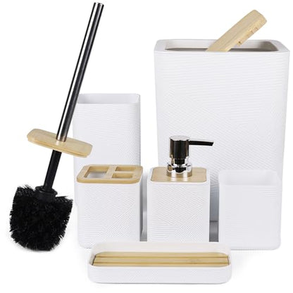 CERBIOR Bamboo Bathroom Accessories Set 6 Piece Bath Ensemble(White) | Includes Soap Dispenser, Toothbrush Holder, Toothbrush Cup, Soap Dish for Decorative Countertop and Housewarming Gift - size: Complete Set, style: White