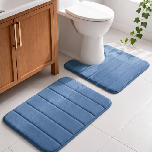 Memory Foam Bathroom Rugs Sets 2 Piece - Super Soft Absorbent Quick Dry Memory Foam Bathroom Rugs, Machine Washable Non Slip Floor Carpet for Tub Shower & Single Sink 16x24 & 20x20,(Deep Blue) - color: Deep Blue