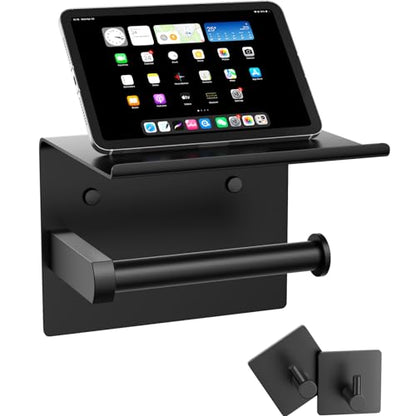 Tindbea Mega Size Toilet Paper Holder with Shelf + Towel Robe Hooks, Adhesive or Screw Wall Mounted Toilet Paper Roll Holder, Stainless Steel Bathroom Hardware Set (Matte Black)… - color: Matte Black, size: Large