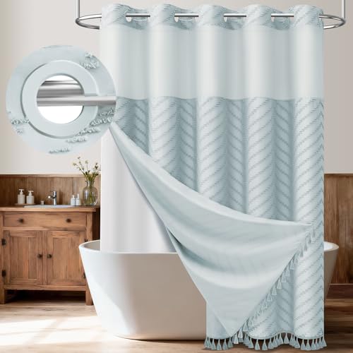 Fog Blue Hook Free Chevron Shower Curtain & Fabric Liner,72x75 | Less Time to install, 3 in 1 Fabric Shower Curtain and Liner Set with Magnets, Mesh Top Window, Shower Curtains for Bathroom - color: Fog Blue, size: 72"W x 75"L (Pack of 1)