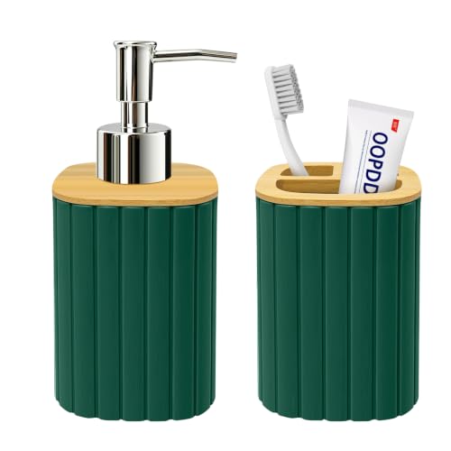 Bathroom Accessories Set, 2PCS Dark Green Soap Dispenser, Toothbrush Holder | Bamboo Bathroom Sets Accessories, Bathroom Set Striped - color: Green