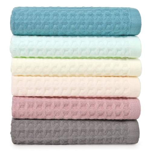 Cleanbear Waffle Wash Cloths, 6-Pack 6 Color Cotton for Showering, 13 x 13 | Soft Quick Dry Absorbent Low Lint Washcloths for Face, Body, Bathroom, Kitchen, Gym & Daily Family Use - color: Cream, Piggy Pink, Seafoam Green, Gray, Light-turquoise, Pale-pink