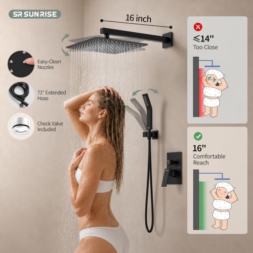 SR SUN RISE 12 Inches Matte Black Shower System 12 Inch Brass Bathroom Luxury Rain Mixer Shower Combo Set Wall Mounted Rainfall Shower Head System Shower Faucet Rough-in Valve Body and Trim Included - color: Matte Black, size: 12 Inch
