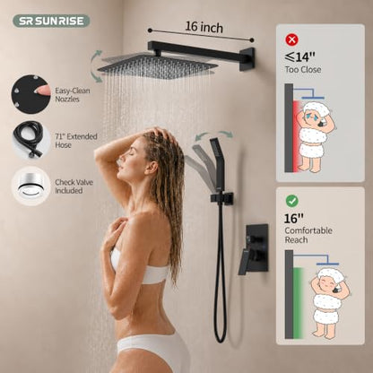 SR SUN RISE 12 Inches Matte Black Shower System 12 Inch Brass Bathroom Luxury Rain Mixer Shower Combo Set Wall Mounted Rainfall Shower Head System Shower Faucet Rough-in Valve Body and Trim Included - color: Matte Black, size: 12 Inch