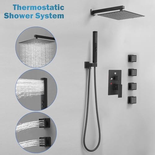 RUMOSE Rainfall Shower System with 4 Full Body Jet 4 Mode Shower Faucet Set | 12 Inch Rain Shower Head, 2 in 1 Handheld Spray, Matte Black Brass Shower Jet Shower Fixtures, Wall Mounted - color: Matte Black