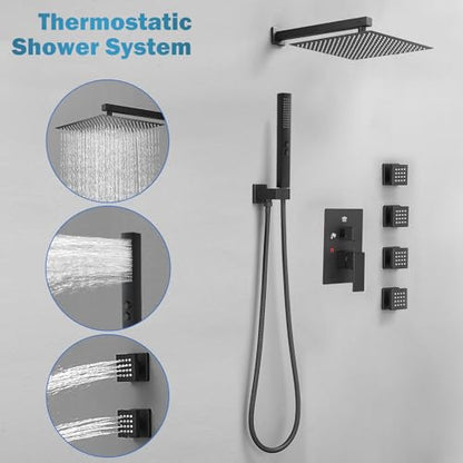 RUMOSE Rainfall Shower System with 4 Full Body Jet 4 Mode Shower Faucet Set | 12 Inch Rain Shower Head, 2 in 1 Handheld Spray, Matte Black Brass Shower Jet Shower Fixtures, Wall Mounted - color: Matte Black