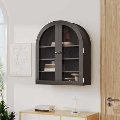 Garvee Arched Bathroom Wall Cabinet with Acrylic Double Doors, 24" Farmhouse Medicine Cabinet with Adjustable Shelf, Wall-Mounted Wood Storage Cabinet Over The Toilet for Bathroom, Kitchen, Black - color: Black