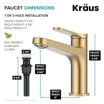 KRAUS Indy Bathroom Faucet in Spot-Free Brushed Brass with Single Handle, Pop Up Drain and Supply Lines, KBF-1411SFBB - color: Spot Free Brushed Brass, style: Basin + Pop-Up Drain