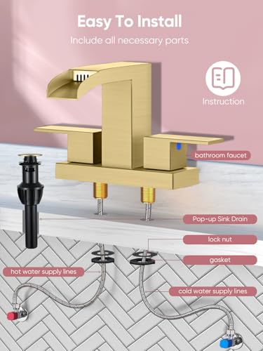 Cobbe Waterfall Bathroom Faucets 3 Hole, Brushed Gold Bathroom Sink Faucet Square 4 Inch Centerset with Pop-Up Drain, 2 Handle and 2 Supply Hoses, Lead-Free Stainless Steel for Vanity Sink Rv - color: Gold, size: 4 Inch Centerset