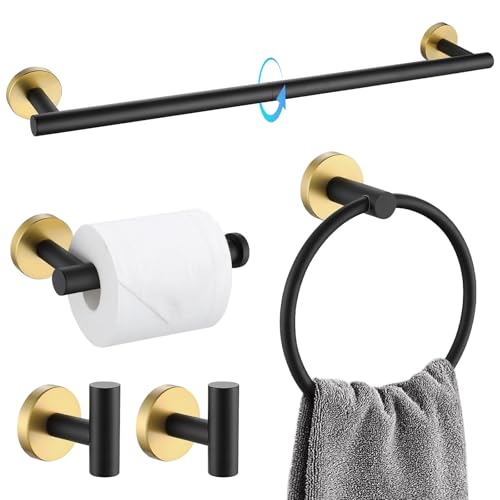 TQKAG Black and Gold Bathroom Accessory Set 5 Pieces, Round Stainless Steel Bath Towel Bar Set 23.6 Inch Towel Racks for Bathroom Wall Mounted - color: Black+gold, size: 5-Pieces Set