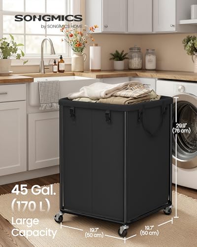 SONGMICS Laundry Basket with Wheels, Rolling Laundry Hamper with Steel Frame, Removable Liner Bag,45 Gallon (170 L), Ink Black URLS031BH01 - color: Ink Black, size: 170L-Rectangular