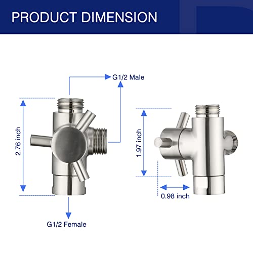 PDPBath Brass 3 Way Shower Arm Diverter Valve for Handheld Shower Head and Fixed Shower Head, G1/2 Universal Connection - Brushed Nickel - color: Brushed Nickel-1