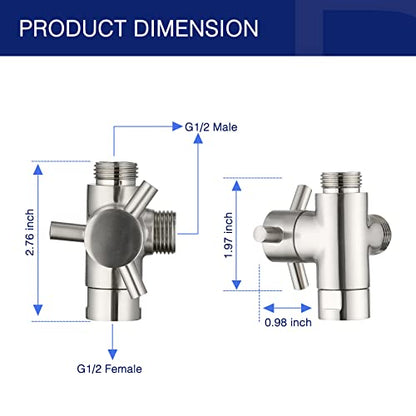 PDPBath Brass 3 Way Shower Arm Diverter Valve for Handheld Shower Head and Fixed Shower Head, G1/2 Universal Connection - Brushed Nickel - color: Brushed Nickel-1