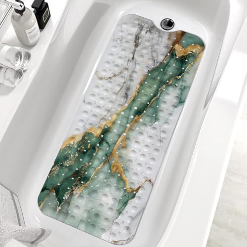 Marble Bath Tub Mat Non Slip, Green Gold Marble Non Slip Bath Mat for Shower, Large Washable Shower mats for Showers with Drain Holes and Suction Cups,40 X 16 Inch - color: Green Marble