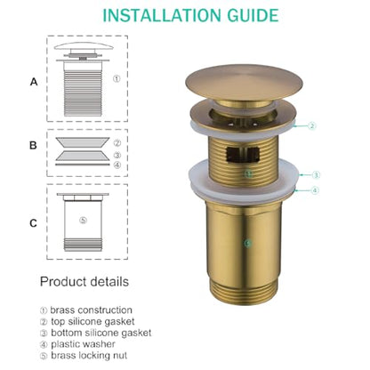 All Metal Bathroom Sink Drain,Pop-up Drain with Detachable Basket Stopper,Anti-Clogging Drain Strainer,Hair Catcher,for Vanity Vessel Sink with Overflow,Champagne Bronze,SE83997PB-1CB - color: Champagne Bronze(with Overflow)