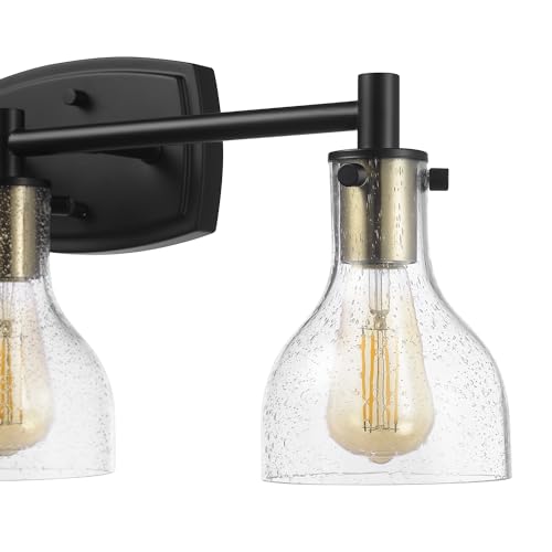 GLOBE Electric 63000062 5-Piece All-in-One Bathroom Set, Matte Black & Brass, 3-Light Vanity Light, Seeded Glass, Towel Bar, Toilet Paper Holder, Towel Ring, Robe Hook, Bathroom Lights Over Mirror - color: Matte Black, Bailey (5-Piece)