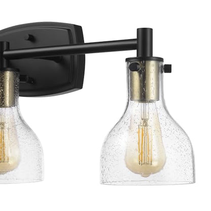 GLOBE Electric 63000062 5-Piece All-in-One Bathroom Set, Matte Black & Brass, 3-Light Vanity Light, Seeded Glass, Towel Bar, Toilet Paper Holder, Towel Ring, Robe Hook, Bathroom Lights Over Mirror - color: Matte Black, Bailey (5-Piece)