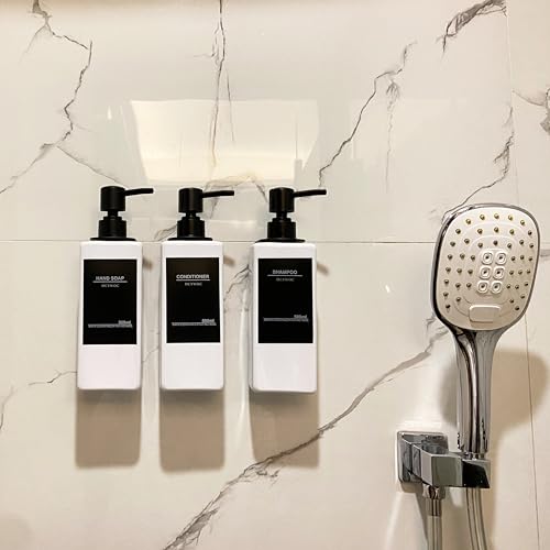 Shampoo and Conditioner Dispenser, No Drill, 16 Waterproof Labels | Shampoo Dispenser for Shower Wall, Shower Soap Dispenser Wall Mounted 3 Chamber, Bathroom, 17oz, White - color: White Bottle + Black Pump