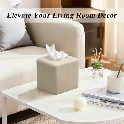 Resin Tissue Box Cover, Modern Square Holder, Beige | Resin tissue box cover with modern square design and silicone feet for bathroom vanity, office desk, and living room - color: Beige
