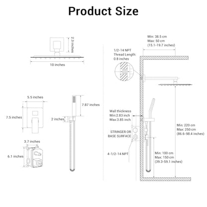10" Square Rain Shower Faucet Set, Wall Mount, Brush Gold | 304 SS , air tech boosts pressure 50%, dual spray, anti-fingerprint - color: Brush Gold, style: 10''-Wall Mount