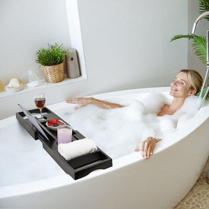 Utoplike Bamboo Bathtub Tray Caddy, Black Bath Tray Table for Tub | Adjustable Bathroom Organizer for Tub with Book Tablet, Wine Glass Cup, Towel Holder - color: Black