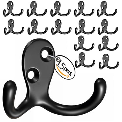 Coat Hooks Wall Hooks for Hanging - 15 Pack Black Double Prong Hook Wall Mounted - Great for Living Room, Bedroom, Entryway, Closet for Coat, Bag, Towel, Hat, Key, Cup, Heavy-Duty, Easy to Install - color: 15pcs Black