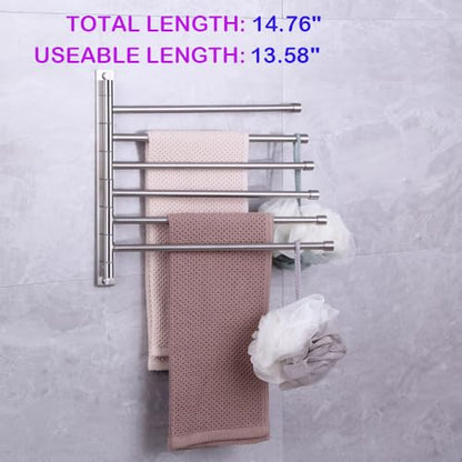 Swivel Towel Bar 6-Arm Bathroom Towel Holder Wall-Mounted Swing Out Towel Rack with Hooks Rustproof Brushed Finish - color: Brushed