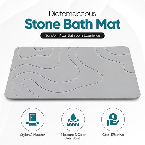 HALAS Stone Bath Mat- Diatomaceous Earth Bath Mats for Bathroom- Diatomite Bath Mat Stone Drying Mat for Kitchen Counter- Super Absorbent/Quick Dry Bathmat- Easy to Clean (24”x16” Grey)