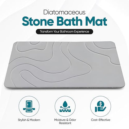 HALAS Stone Bath Mat- Diatomaceous Earth Bath Mats for Bathroom- Diatomite Bath Mat Stone Drying Mat for Kitchen Counter- Super Absorbent/Quick Dry Bathmat- Easy to Clean (24”x16” Grey)